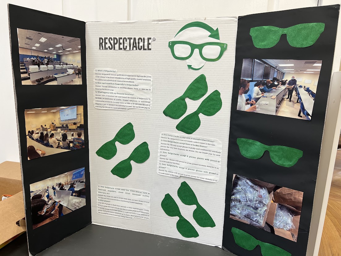 Tri-fold ReSpectacle display board introducing the chapter, with event photos and FAQ cards